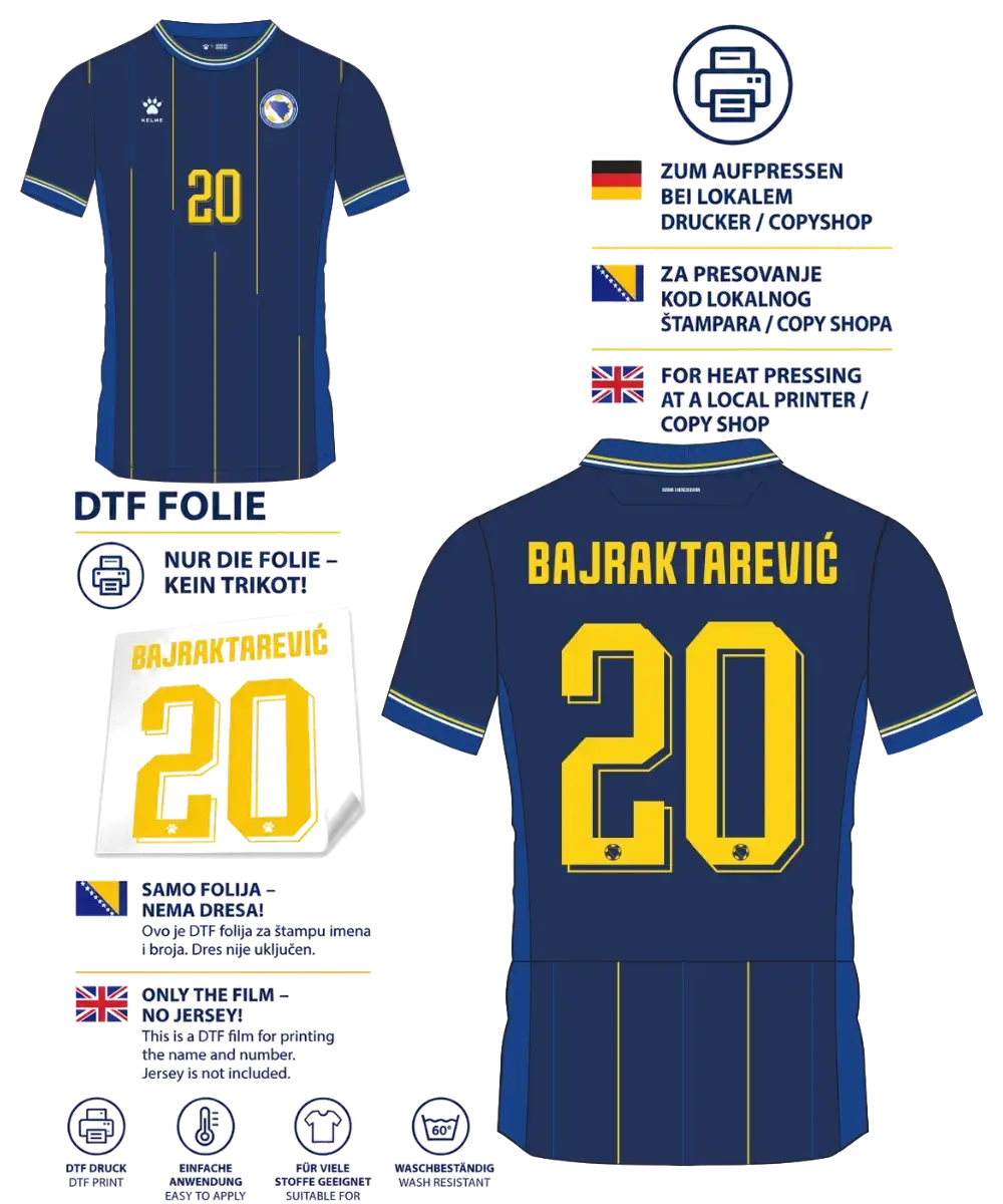 BiH Trikot Druck – DTF-Folie | Rückenname + Rückennummer + Frontnummer | Bosnien Trikot personalisieren