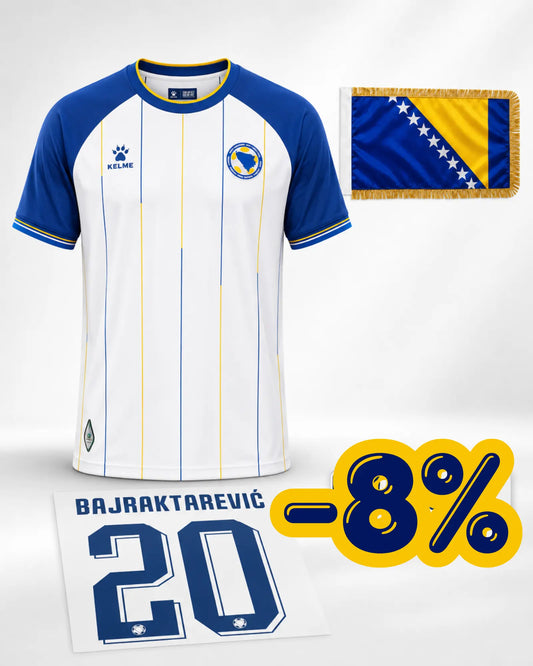 Bosnien Auswärtstrikot Fan-Version Bundle – inkl. Name, Nummer & Flagge 