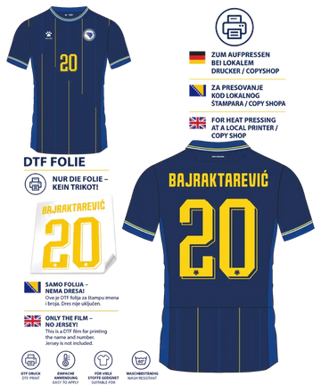 BiH Trikot Druck – DTF-Folie | Rückenname + Rückennummer + Frontnummer | Bosnien Trikot personalisieren 