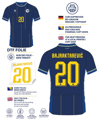 BiH Trikot Druck – DTF-Folie | Rückenname + Rückennummer + Frontnummer | Bosnien Trikot personalisieren 