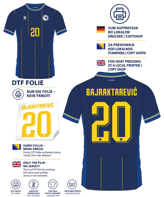 BiH Trikot Druck – DTF-Folie | Rückenname + Rückennummer + Frontnummer | Bosnien Trikot personalisieren 