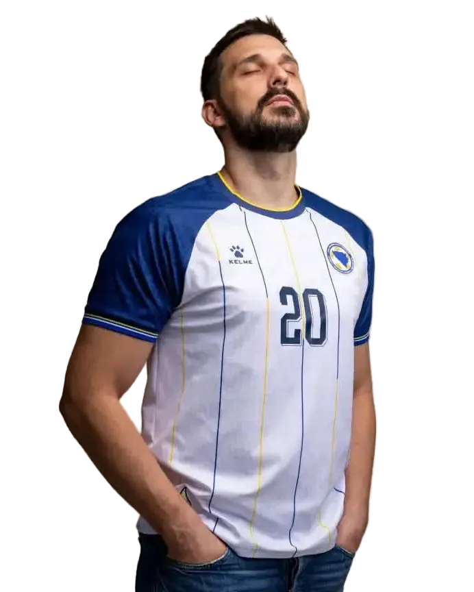 Bosnien KELME Auswärtstrikot WM 2026 – Dream Big BiH Motivationsbild in Weiß